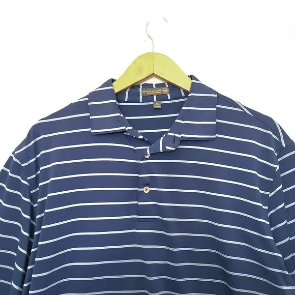 PETER MILLAR Summer Comfort Golf Polo Shirt Blue Striped Performance Large Logo - Picture 3 of 6